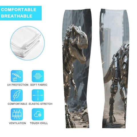 Stay Fly In The Heat Cooling Arm Sleeves For Sun Ray Blocking And Summer Workouts Engineered With Stretchy Ice Silk Material, showcasing robotic dinosaur design.