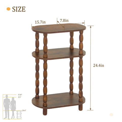 Three Tier Narrow Side Table With Storage For Small Spaces showing dimensions 15.7''W x 7.8''D x 24.4''H in rustic brown