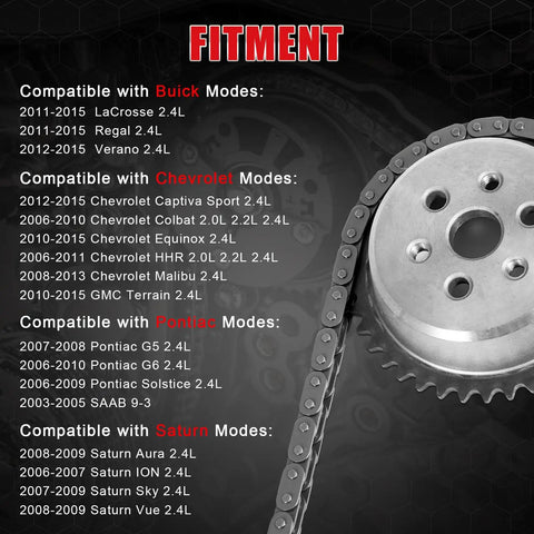 Timing Chain Kit With Tensioner Guide Rail Crank Sprocket And Sprockets For Chevy Malibu Equinox Buick LaCrosse L4 Engines fitment chart
