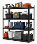 Garage Shelves 4 Tier Metal Storage Rack in black filled with tools, containers, and equipment, 63 inch high by 45 inch wide.