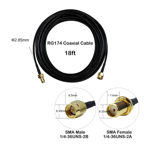 18 Foot SMA Extension Cable With SMA Male To Female Connector for SDR Radios, RG174 Coax cable with connectors displayed