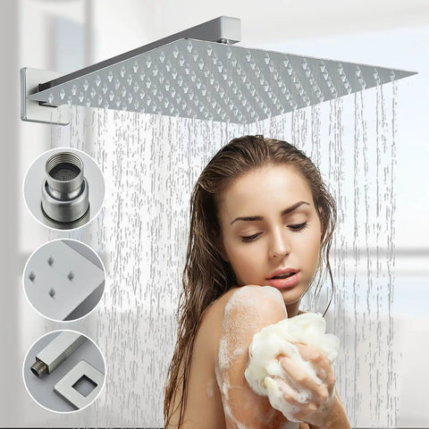 Tub Shower Faucet Set With Matte Black Finish High Pressure Rain Shower Head in use with water droplets visible