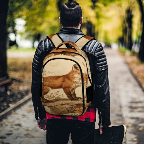 Person wearing Vintage Floral Red Fox Printed Unisex Backpack With Large Capacity Durable Polyester Build, in a park setting