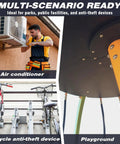 Multi-scenario ready image showing air conditioner installation, bicycle anti-theft device, and playground equipment.