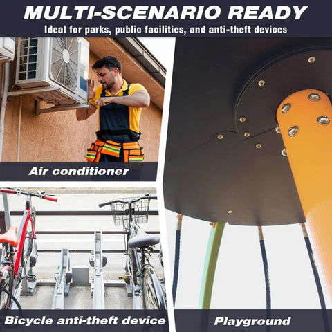 Multi-scenario ready image showing air conditioner installation, bicycle anti-theft device, and playground equipment.