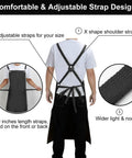 Heavy Duty Waterproof Vinyl Apron 43 Inch Cross Back Adjustable Dishwashing Apron For Restaurant Kitchen Butcher Lab Work And Dog Grooming Black Anti Tear Design Tough As Nails showing adjustable cross-back strap design.