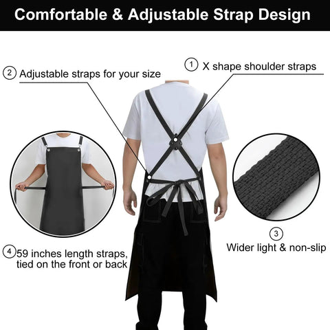 Heavy Duty Waterproof Vinyl Apron 43 Inch Cross Back Adjustable Dishwashing Apron For Restaurant Kitchen Butcher Lab Work And Dog Grooming Black Anti Tear Design Tough As Nails showing adjustable cross-back strap design.