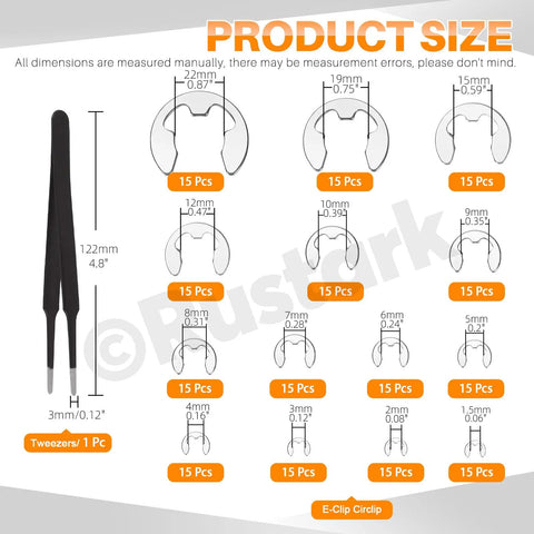Diagram showing Stainless Steel E Clip External Retaining Ring Set 211Pcs Assortment in 14 Sizes with Tweezers, details for gears, pulleys, axles.