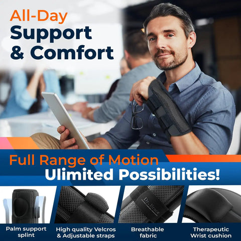 Adjustable Night Wrist Brace For Carpal Tunnel Pain Relief With Double Splint And Therapeutic Cushion worn by a man