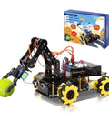 5DOF Smart Robot Arm And 4WD Remote Control Car Kit For Arduino Python Blockly Projects STEM Education Starter Kit For Teens 12 Plus And Adults Programmable Robotic Arm Car For Coding Practice Hands On Learning And Unique Gift, showing a robotic arm picking a green ball, with product box in the background.