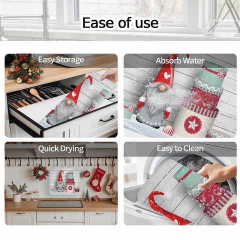 Cozy Holiday Dish Drying Mat With Gnome Design 18 By 24 Inches showing easy storage, absorbent surface, quick drying, and easy cleaning