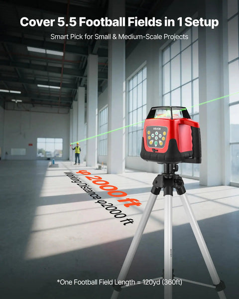 Heavy Duty 360 Degree Rotary Laser Level Kit With 2000 Ft Green Beam Self Leveling Transmitter on tripod in large workspace.
