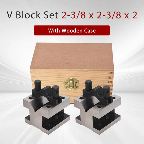Top Notch Pro Grade V Block With Clamp Set, Hardened Steel 58-60 HRC, 90 Degree V Block Pair For Precision Machining, 2-3/8 x 2-3/8 x 2 Inches, Multi Use Gauge, Precise 0.0002 Tolerance, Wooden Case, with wooden case