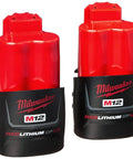 M12 Force Logic Press Tool One Half To One Inch Kit batteries showing two red Milwaukee lithium-ion power packs
