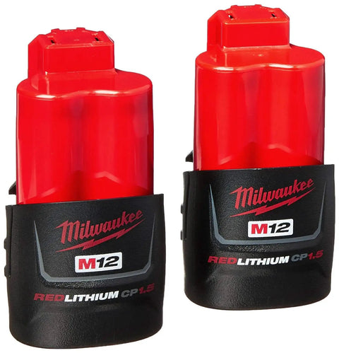 M12 Force Logic Press Tool One Half To One Inch Kit batteries showing two red Milwaukee lithium-ion power packs