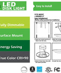Installation diagram and features of 7 Point 5 Inch Flush Mount LED Disk Light Dimmable 16.5W 120W Equivalent 5000K ETL Wet Location Ceiling