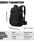 35L MOLLE Tactical Backpack For Men Cordura 915D Durable Fabric Heavy Duty Hiking Camping Survival Pack with size dimensions