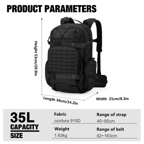 35L MOLLE Tactical Backpack For Men Cordura 915D Durable Fabric Heavy Duty Hiking Camping Survival Pack with size dimensions