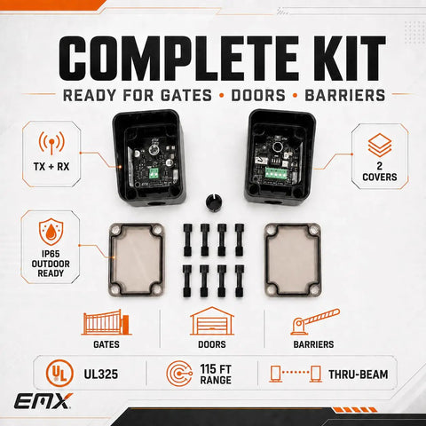 UL325 Thru-Beam Photoeye Kit For Gates And Doors With 5 To 115 Ft Range IP65 Detachable Transmitter And Receiver Four Monitoring Interfaces Including NC 10K Two-Frequency And Three-Frequency Pulse, complete kit components