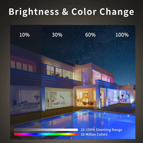 Image showing brightness change in WiFi RGBCW Recessed Lighting Kit 6 Pack with house exterior lighting at 10% to 100% dimming.