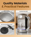 1.7L Glass Electric Kettle for Coffee and Tea With 6 Temperature Presets, showing clear view gauge and stainless finish.