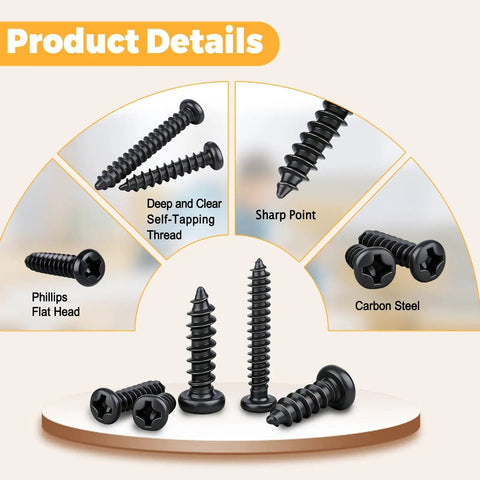 625 Pcs 14 Size Self Tapping Screws Set For Plastic And Metal M2 M3 M4 Phillips Pan Head Black Carbon Steel. View of screws with sharp points, deep threading, and round heads.