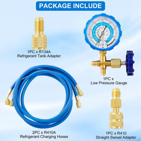Must Have AC Refrigerant Charging Hose Kit with 59 Inch Low Pressure Hose and Gauge Set, R410A Mini Split Adapter, R134A Tank Adapter