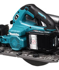Heavy Hitter 40 Volt Cordless Circular Saw With Dual Five Amp Hour Battery Packs And A Precision 235 Millimeter Cutter Blade at an angle.