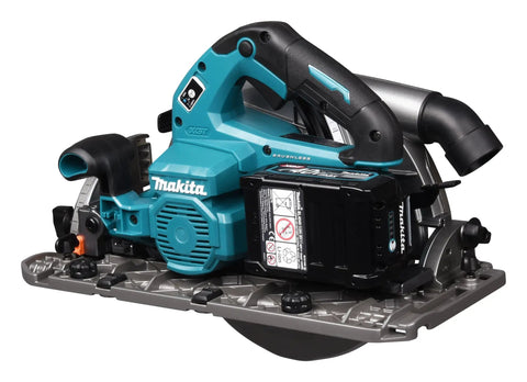Heavy Hitter 40 Volt Cordless Circular Saw With Dual Five Amp Hour Battery Packs And A Precision 235 Millimeter Cutter Blade at an angle.
