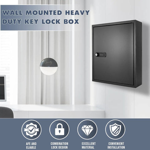 Straight Up Secure 48 Key Lock Box Wall Mount, Heavy Duty Steel Key Cabinet with combo lock, mounted on a wall.