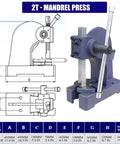 Heavy Duty Cast Iron Arbor Press Rock Solid Benchtop Manual Punch Tool Press Built Like A Tank For Shop Work Featuring Hardened Steel Ram and stable base, detailed design and measurements.