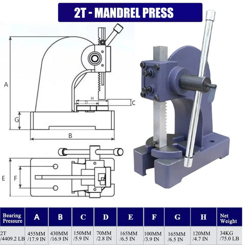 Heavy Duty Cast Iron Arbor Press Rock Solid Benchtop Manual Punch Tool Press Built Like A Tank For Shop Work Featuring Hardened Steel Ram and stable base, detailed design and measurements.
