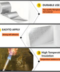 High Temperature Glass Fiber Reflective Heat Barrier Tape With Adhesive Backing displayed in three sections: durability, ease of application, heat resistance.