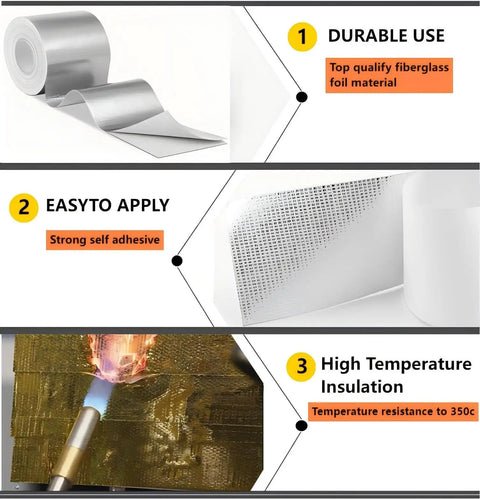 High Temperature Glass Fiber Reflective Heat Barrier Tape With Adhesive Backing displayed in three sections: durability, ease of application, heat resistance.