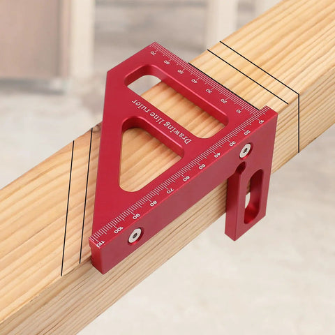 3D Multi Angle Measuring Ruler For Woodworking And Carpentry, 45 And 90 Degree Aluminum Alloy Square Protractor on wooden beam