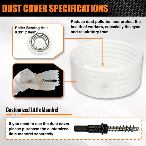 Dust cover roll for hole saw kit; white, flexible coil with 0.39-inch roller bearing inset and mandrel diagram.