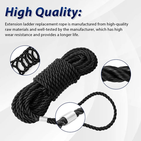 Ladder Rope Replacement For Extension Ladders Up To 40 Feet With Single Pulley Fits Werner AC30 2 And Most Aluminum And Fiberglass Ladders Five Sixteenth Inch Diameter Replacement Kit 1 Pack No Fuss Easy Install Not For Double Pulley Systems, black coiled rope with metal tip