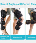 Hinged Knee Brace For ACL MCL PCL And Arthritis Post Op Support With Comfort First Design Soft Breathable Lining Cushioned Padding Adjustable Straps For A Secure All Day Fit Built Tough Aluminum Hinges For Real Stability, shown at 0°, 45°, and 90°