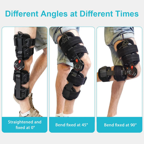 Hinged Knee Brace For ACL MCL PCL And Arthritis Post Op Support With Comfort First Design Soft Breathable Lining Cushioned Padding Adjustable Straps For A Secure All Day Fit Built Tough Aluminum Hinges For Real Stability, shown at 0°, 45°, and 90°