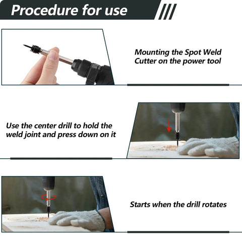 Procedure steps for Spot Weld Cutter Set for easy spot weld removal using power drill with three eighths inch HSS bits.