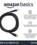 USB A To USB B 2.0 Cable A-Male To B-Male, 10 Foot, Shielded High Speed USB Cable With Gold Plated Connectors For Printers And External Hard Drives, Black; coiled