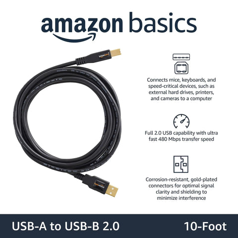 USB A To USB B 2.0 Cable A-Male To B-Male, 10 Foot, Shielded High Speed USB Cable With Gold Plated Connectors For Printers And External Hard Drives, Black; coiled