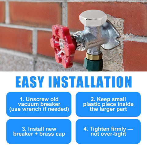 Easy Install Vacuum Breaker Repair Kit For Outdoor Sillcock Valves Anti Siphon Frost Free Hose Bib Spigot Replaces VACVBKX1B ASSE 1019 A Durable Brass Cap And O Ring Plunger Seal Included with installation steps text on sillcock valve