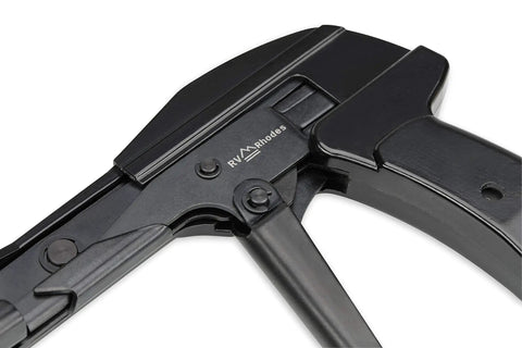 Close-up of black Zip Tie Gun And Cable Tie Install Tool With Adjustable Tension No Fuss Built In Cutter For Easy Cable Management.
