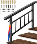 Built Tough Adjustable Wrought Iron Stair Handrail For Outdoor Steps With Handy Hook Setup and mounting hardware on stairs.