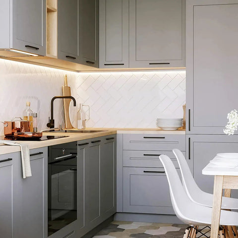 Modern kitchen cabinets with Matte Black 5 Inch Square Cabinet Handles Drawer Pulls Set Of 5 Stainless Steel.