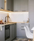 Modern kitchen with gray cabinets featuring 30 Pack 5 Inch Matte Black Cabinet Pulls Square Stainless Steel Drawer Handles