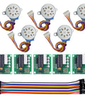 Five 28BYJ-48 5V stepper motors with ULN2003 driver boards and color-coded cables for Arduino projects