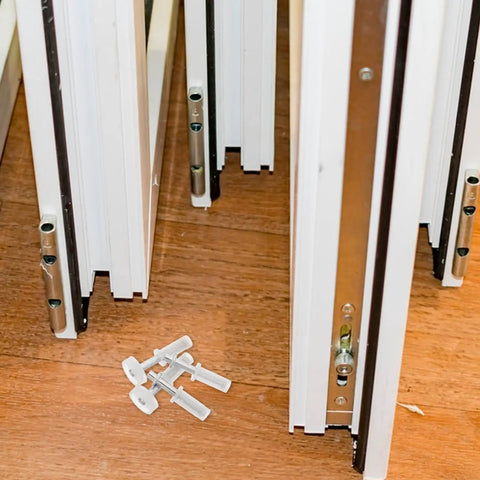 Bi Fold Door Repair Kit Four Pieces Top Guide Roller Pivot Hinge Universal Bifold Closet Door Hardware Upgrade, white metal parts on floor