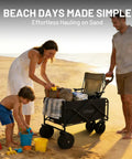 Family using Electric Collapsible Wagon Cart With 100L Capacity For Beach Trips Grocery Runs Camping And Shopping On Wheels